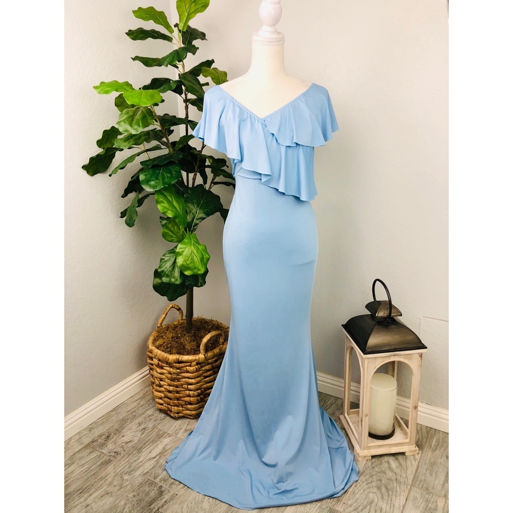 NWT BABY BLUE LONG MAXI OFF SHOULDER LAYERED DRESS